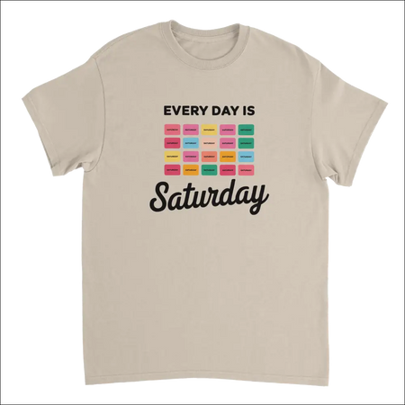 Beige short-sleeve Every Day Is Saturday tee with colorful grid stickers