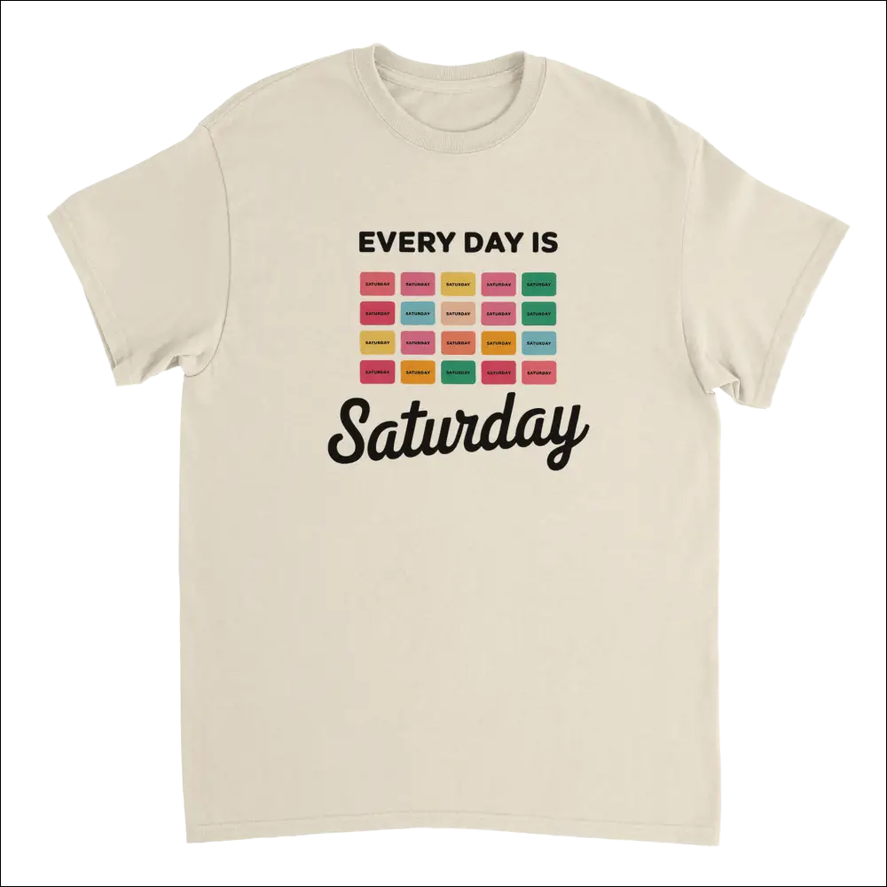 Cream-colored cotton Every Day Is Saturday tee with colorful grid design
