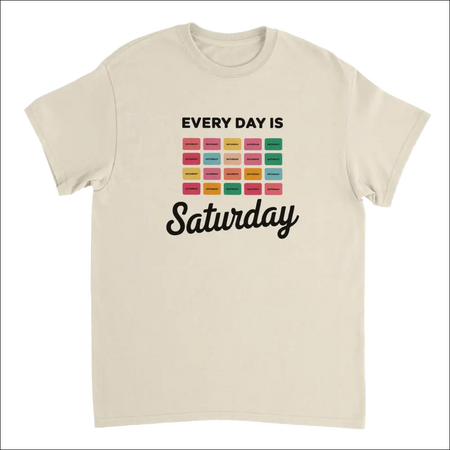 Cream-colored cotton Every Day Is Saturday tee with colorful grid design