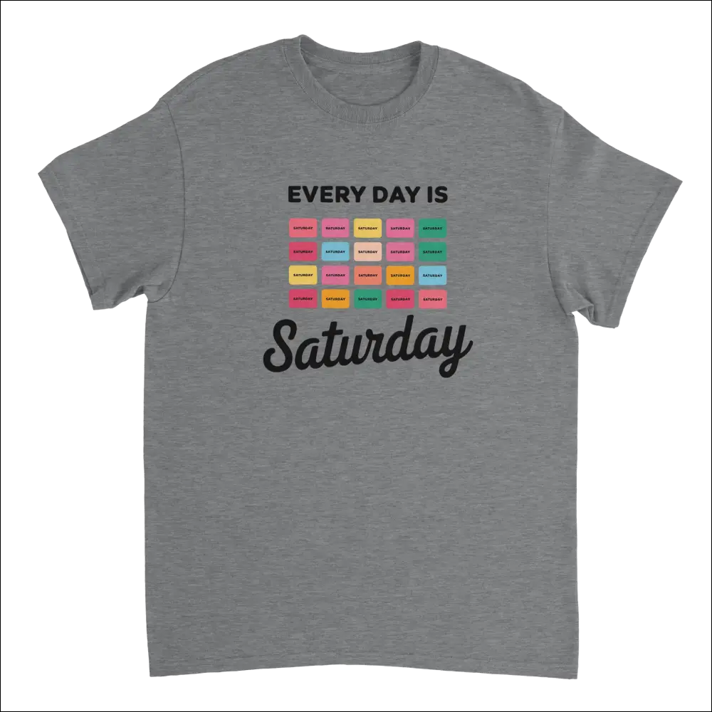 Gray heathered cotton Every Day Is Saturday tee with retro pastel grid