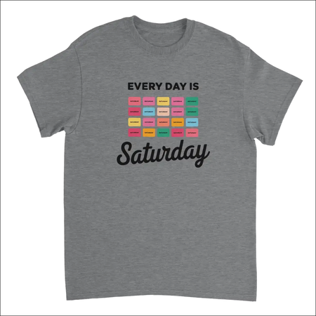 Gray heathered cotton Every Day Is Saturday tee with retro pastel grid