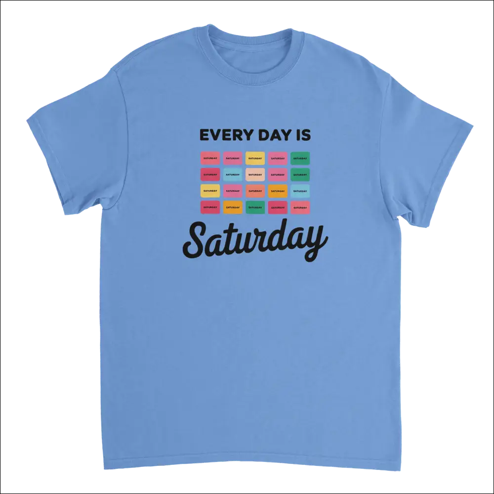 Light blue cotton Every Day Is Saturday tee with colorful grid design