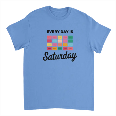 Light blue cotton Every Day Is Saturday tee with colorful grid design