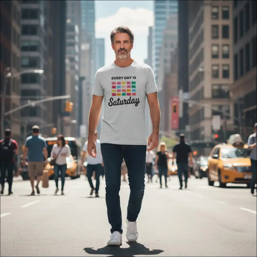 Light gray Every Day Is Saturday tee with colorful retro pastel blocks graphic
