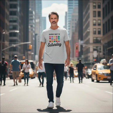 Light gray Every Day Is Saturday tee with colorful retro pastel blocks graphic