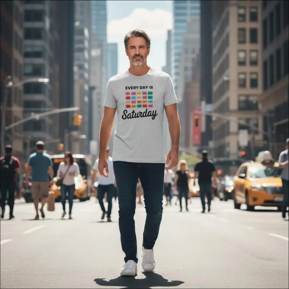 Light gray Every Day Is Saturday tee with colorful retro pastel blocks graphic