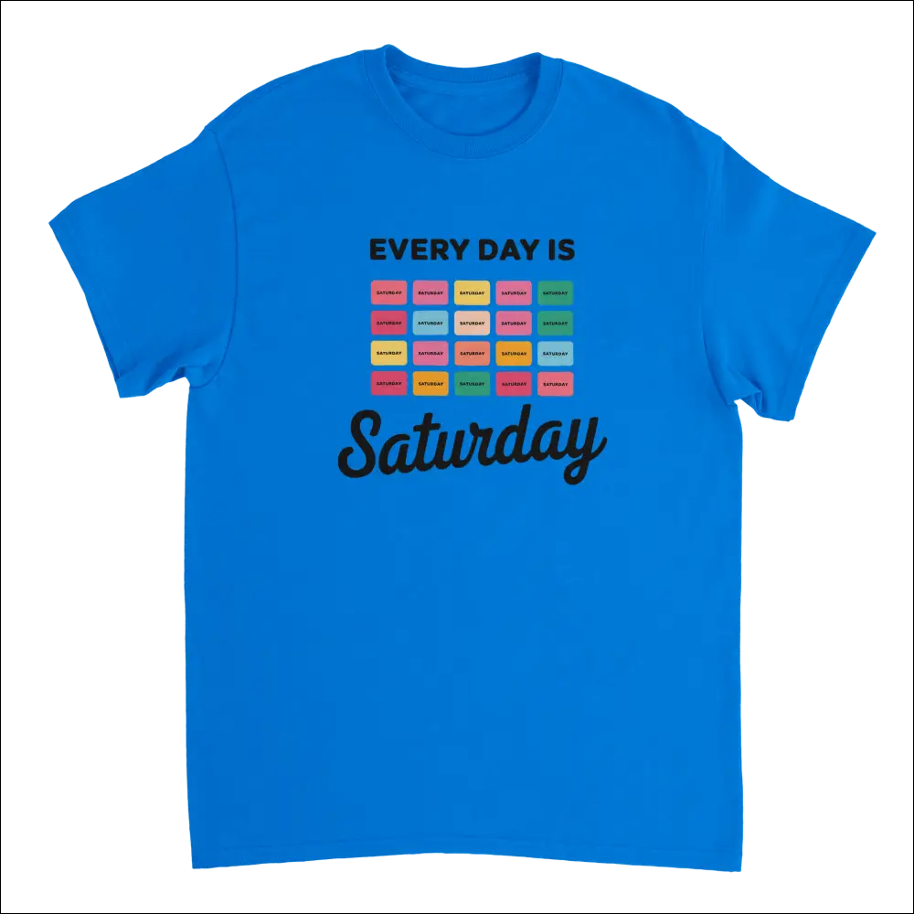 Bright blue Every Day Is Saturday tee with colorful retro pastel blocks