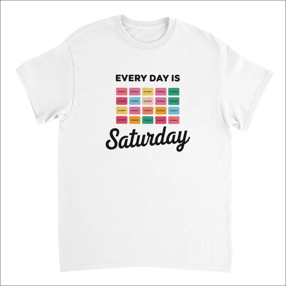 White cotton Every Day Is Saturday tee with retro pastel grid