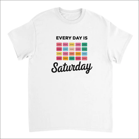 White cotton Every Day Is Saturday tee with retro pastel grid