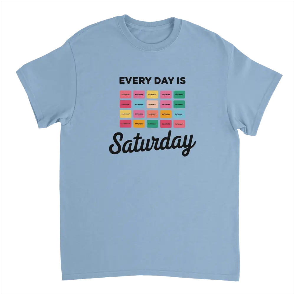 Light blue cotton Every Day Is Saturday tee with colorful grid design