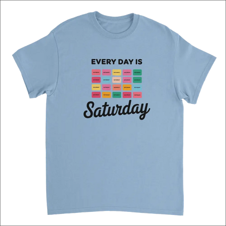Light blue cotton Every Day Is Saturday tee with colorful grid design