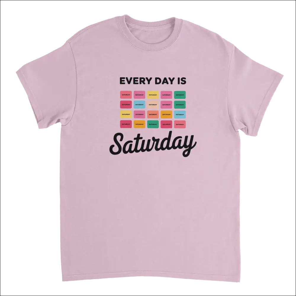 Soft pink short-sleeved tee with colorful grid and Every Day Is Saturday text