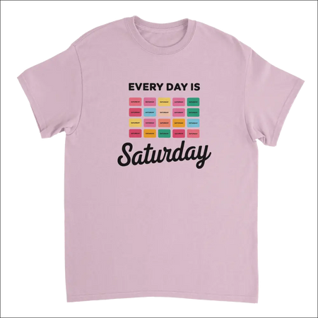 Soft pink short-sleeved tee with colorful grid and Every Day Is Saturday text