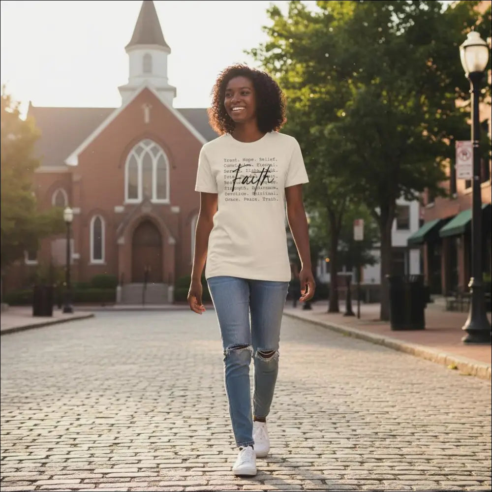 Faith-inspired cream t-shirt with black cursive faith print