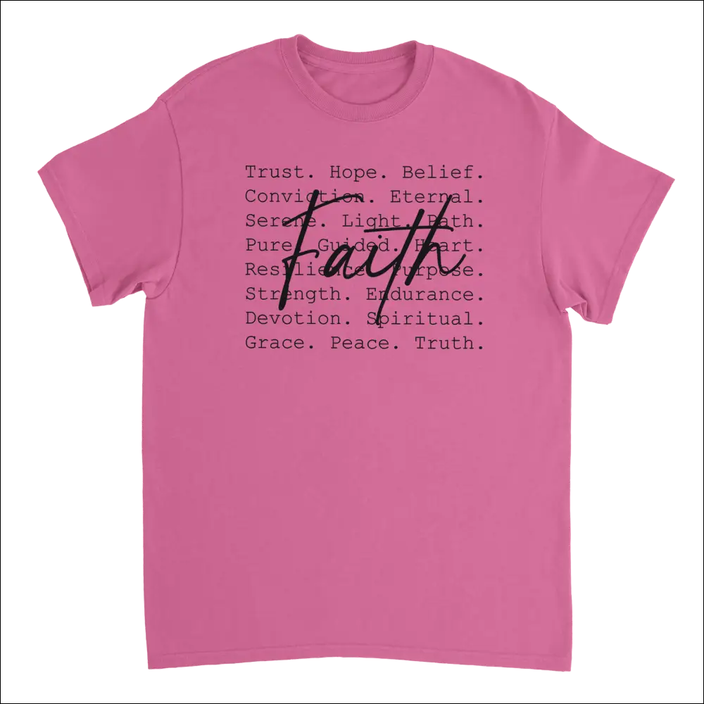 Pink short-sleeved Faith t-shirt with cursive faith text and spiritual concepts