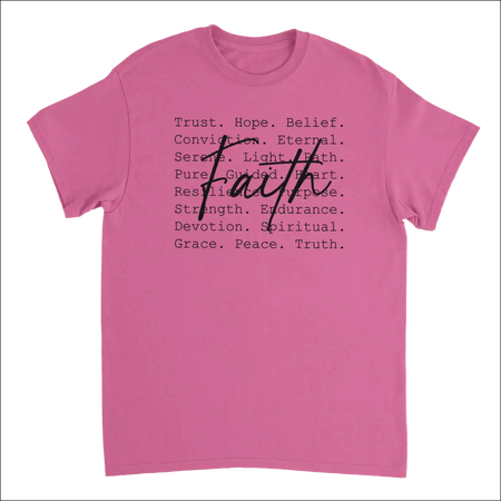 Pink short-sleeved Faith t-shirt with cursive faith text and spiritual concepts