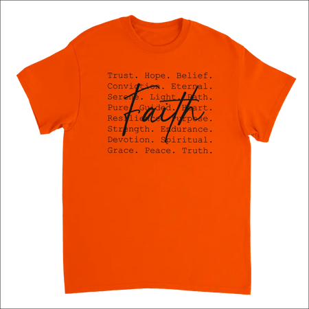 Bright orange faith-inspired heavyweight cotton t-shirt with cursive design