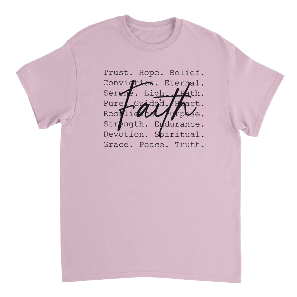 Faith-inspired pink cotton t-shirt with cursive faith text and words like trust, hope