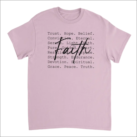 Faith-inspired pink cotton t-shirt with cursive faith text and words like trust, hope