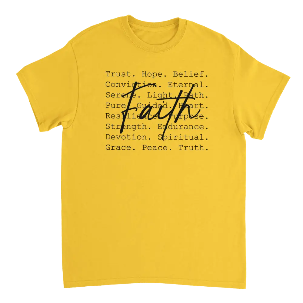 Vibrant yellow Faith Inspired heavyweight cotton t-shirt with cursive faith text and words like trust, hope, belief, grace