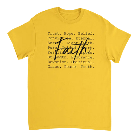 Vibrant yellow Faith Inspired heavyweight cotton t-shirt with cursive faith text and words like trust, hope, belief, grace