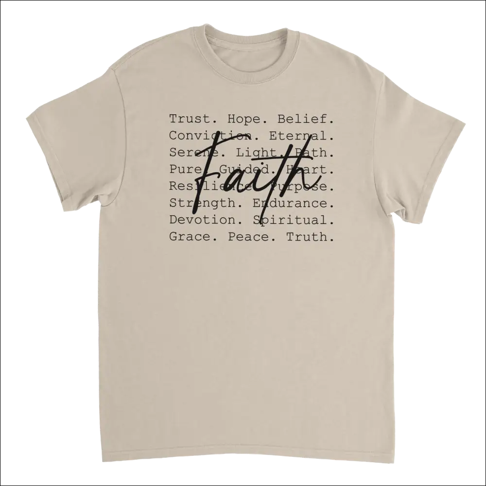Faith-inspired beige heavyweight cotton t-shirt with cursive faith design