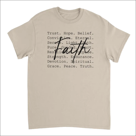 Faith-inspired beige heavyweight cotton t-shirt with cursive faith design