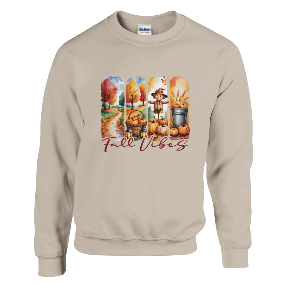 Beige Gildan Fall Vibes sweatshirt with autumn graphic and pumpkins