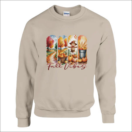 Beige Gildan Fall Vibes sweatshirt with autumn graphic and pumpkins