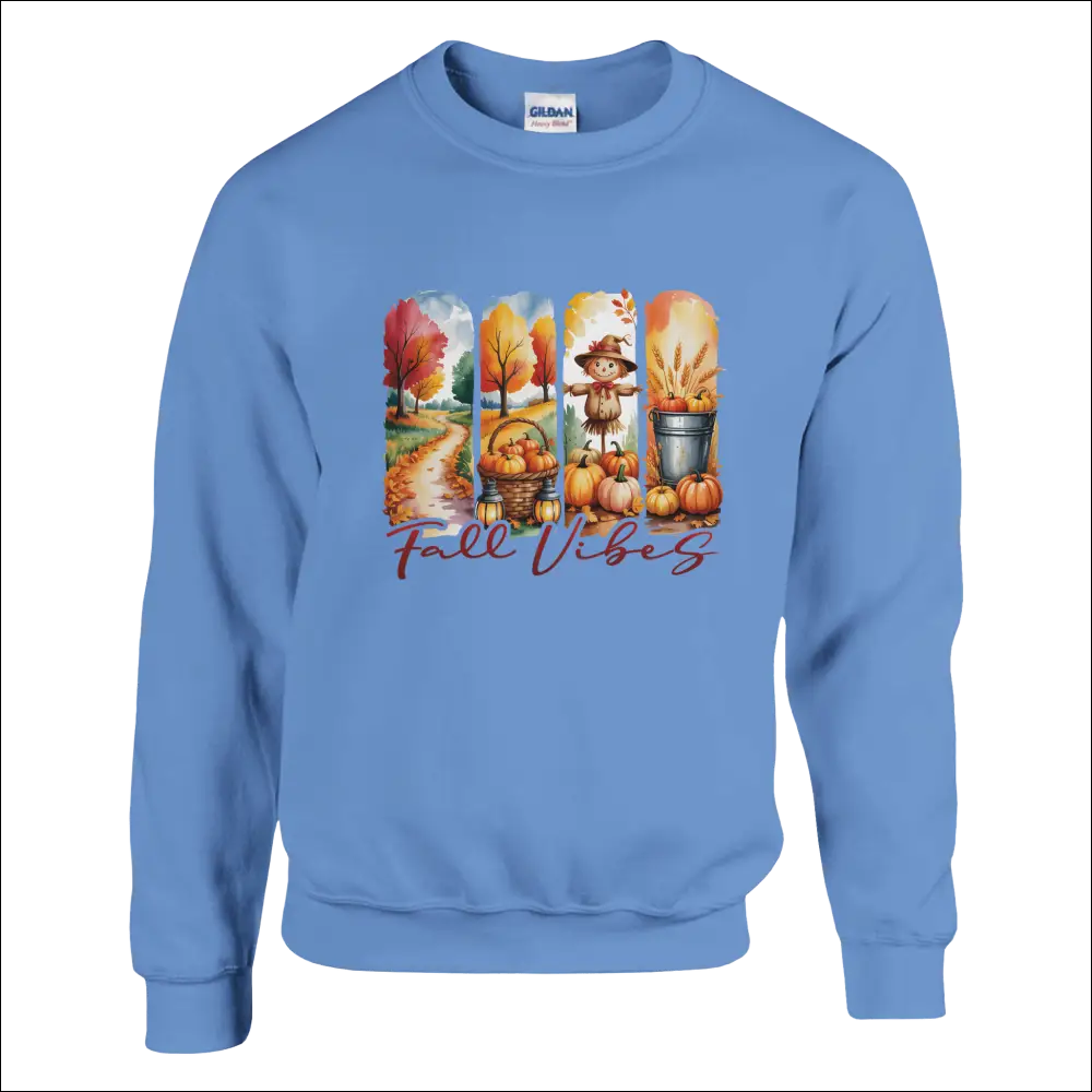 Light blue Gildan Fall Vibes sweatshirt with autumn graphic