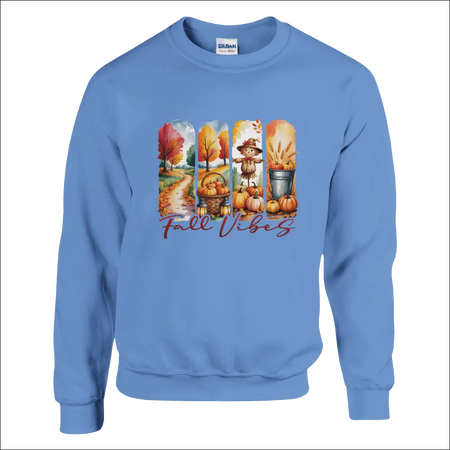 Light blue Gildan Fall Vibes sweatshirt with autumn graphic