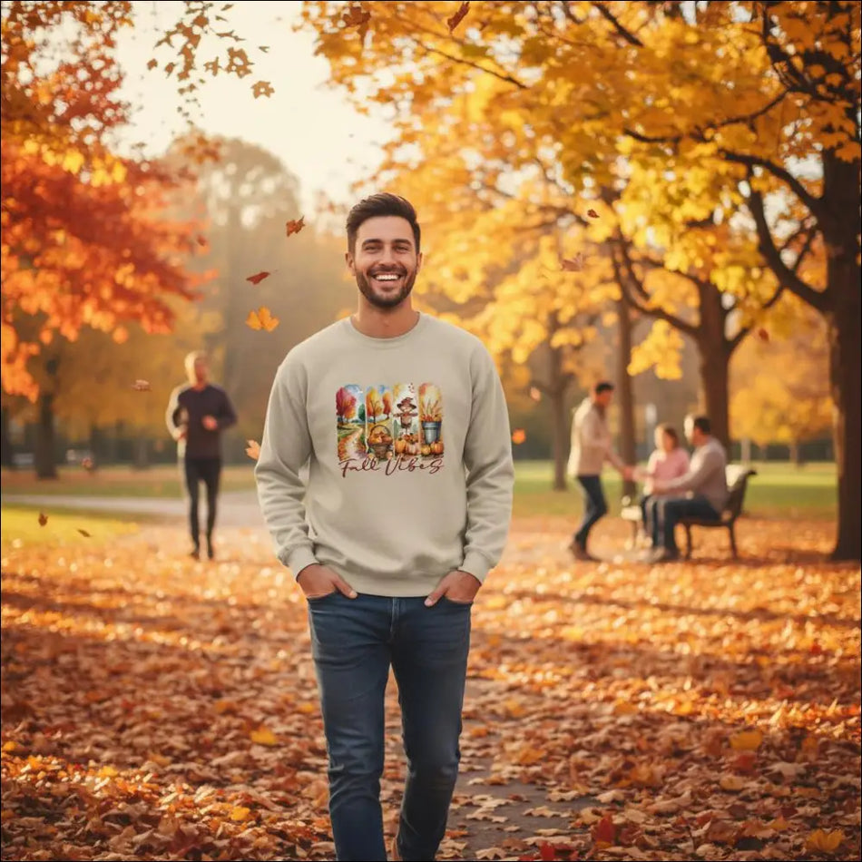 Beige long-sleeved Fall Vibes Sweatshirt with cozy cotton-polyester blend and autumn graphic