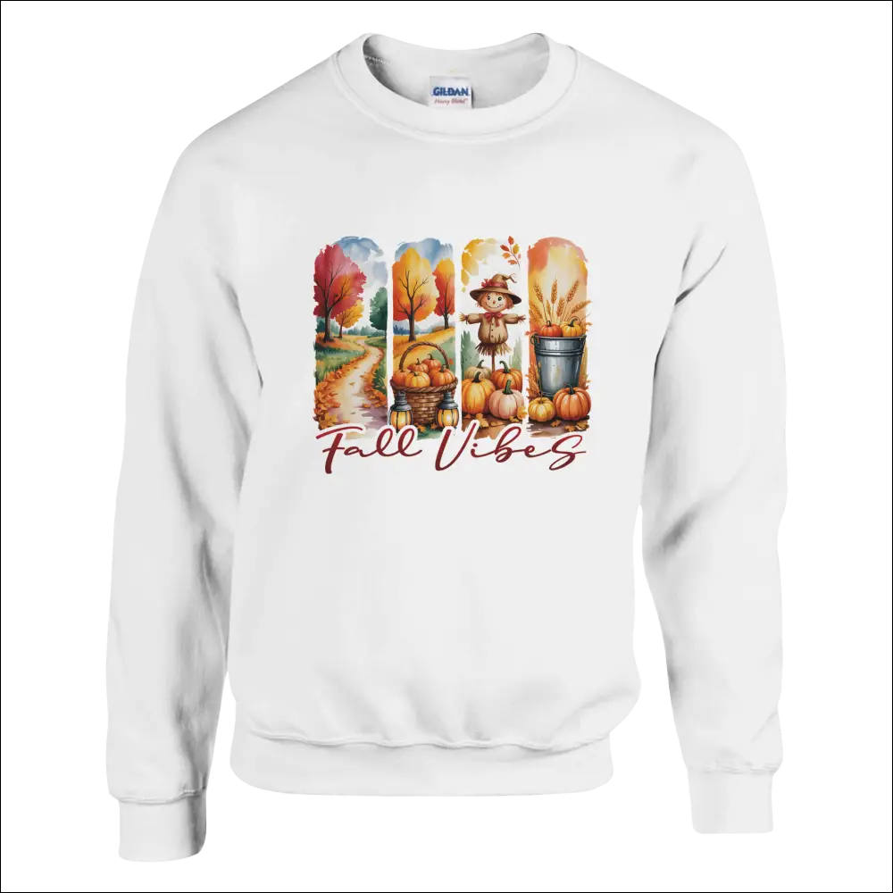 White Gildan Fall Vibes sweatshirt with colorful autumn graphic