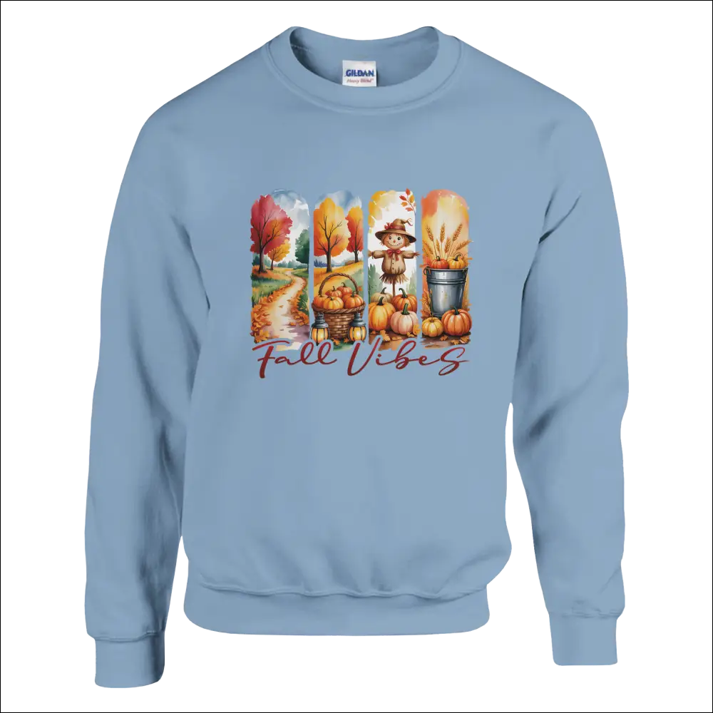 Light blue Gildan Fall Vibes sweatshirt with colorful autumn graphic