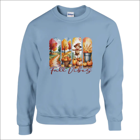 Light blue Gildan Fall Vibes sweatshirt with colorful autumn graphic