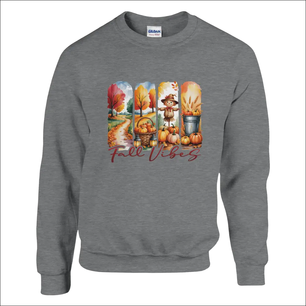 Gray heathered Fall Vibes Sweatshirt with autumn pumpkins and trees graphic
