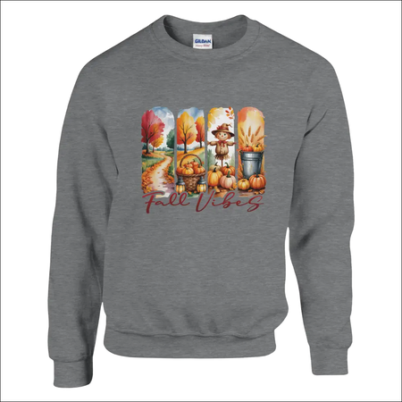 Gray heathered Fall Vibes Sweatshirt with autumn pumpkins and trees graphic