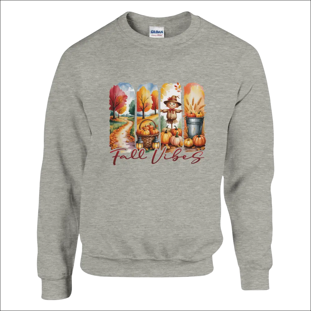Gray heathered Fall Vibes sweatshirt with colorful autumn graphic
