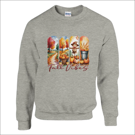 Gray heathered Fall Vibes sweatshirt with colorful autumn graphic