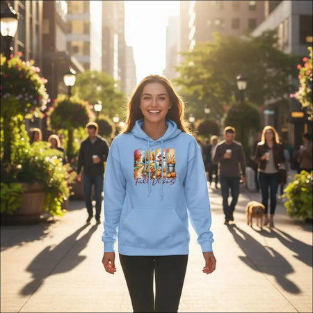 Light blue Fall Vibes unisex hoodie with autumn graphic and text