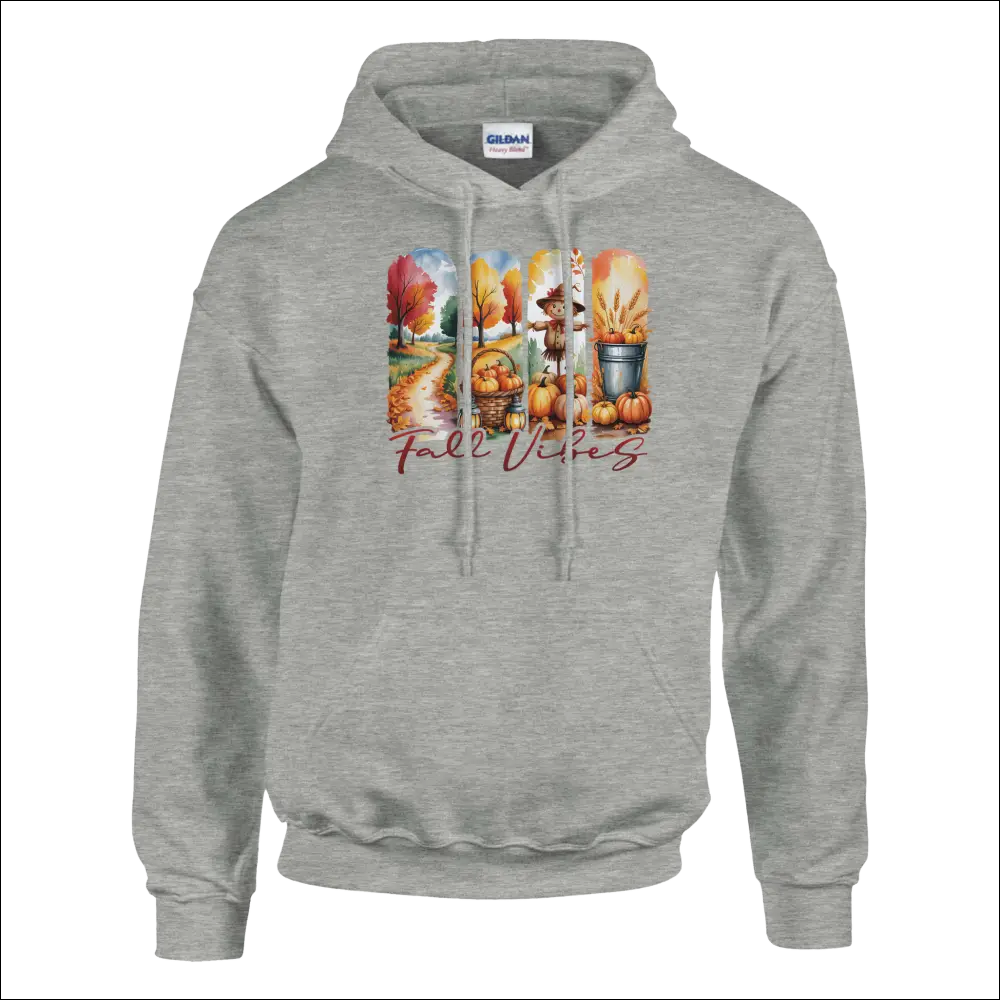 Gray heathered Fall Vibes unisex hoodie with colorful autumn graphic