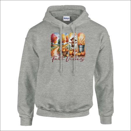 Gray heathered Fall Vibes unisex hoodie with colorful autumn graphic