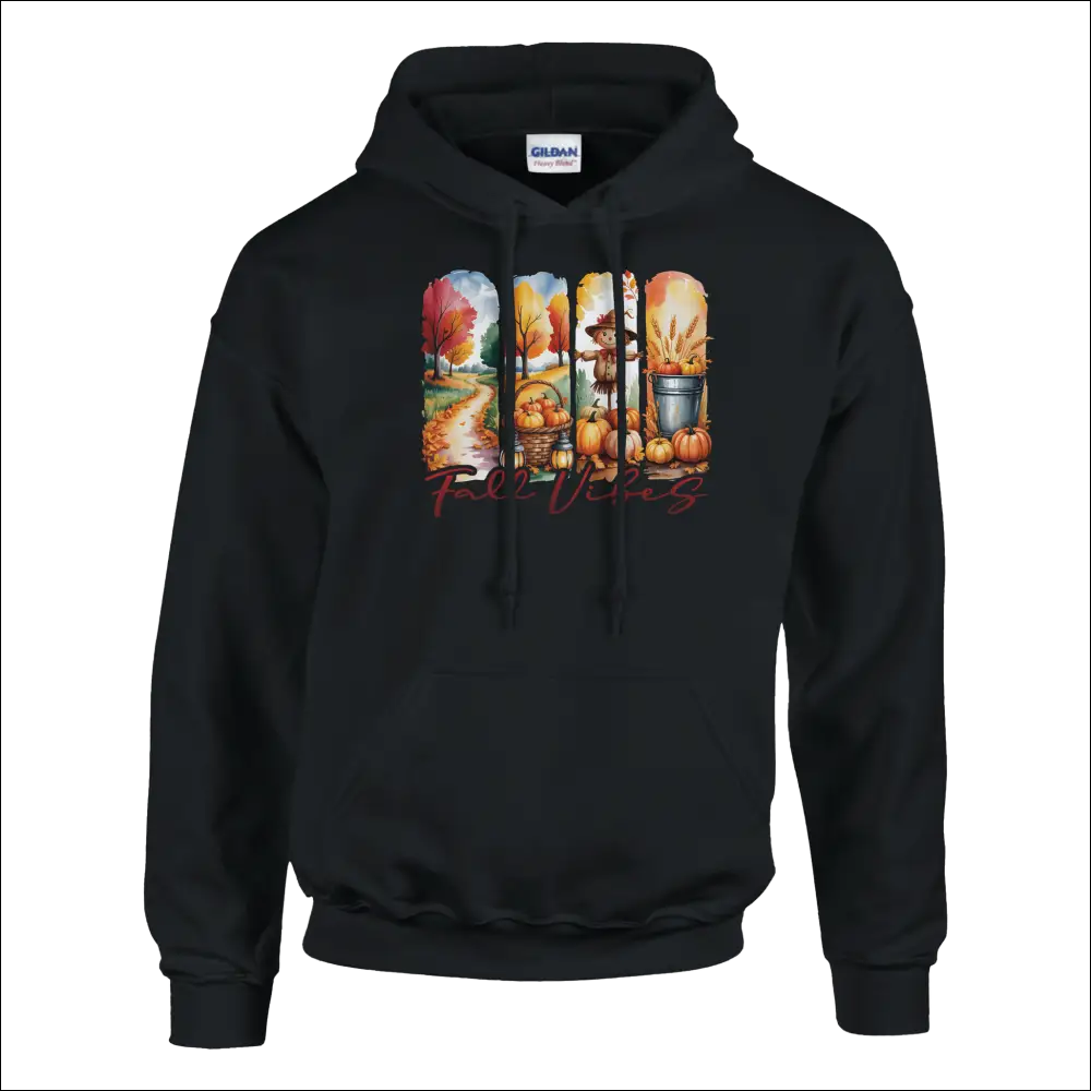 Black Gildan Fall Vibes hoodie with colorful autumn pumpkins and trees