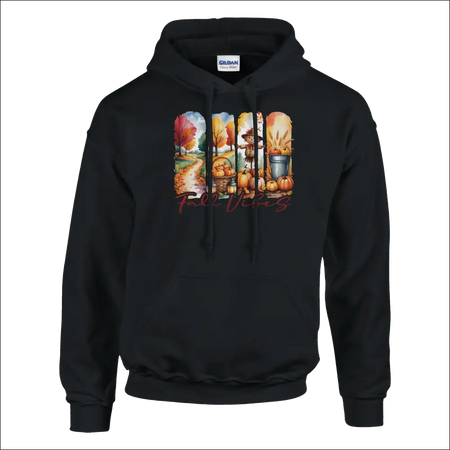 Black Gildan Fall Vibes hoodie with colorful autumn pumpkins and trees