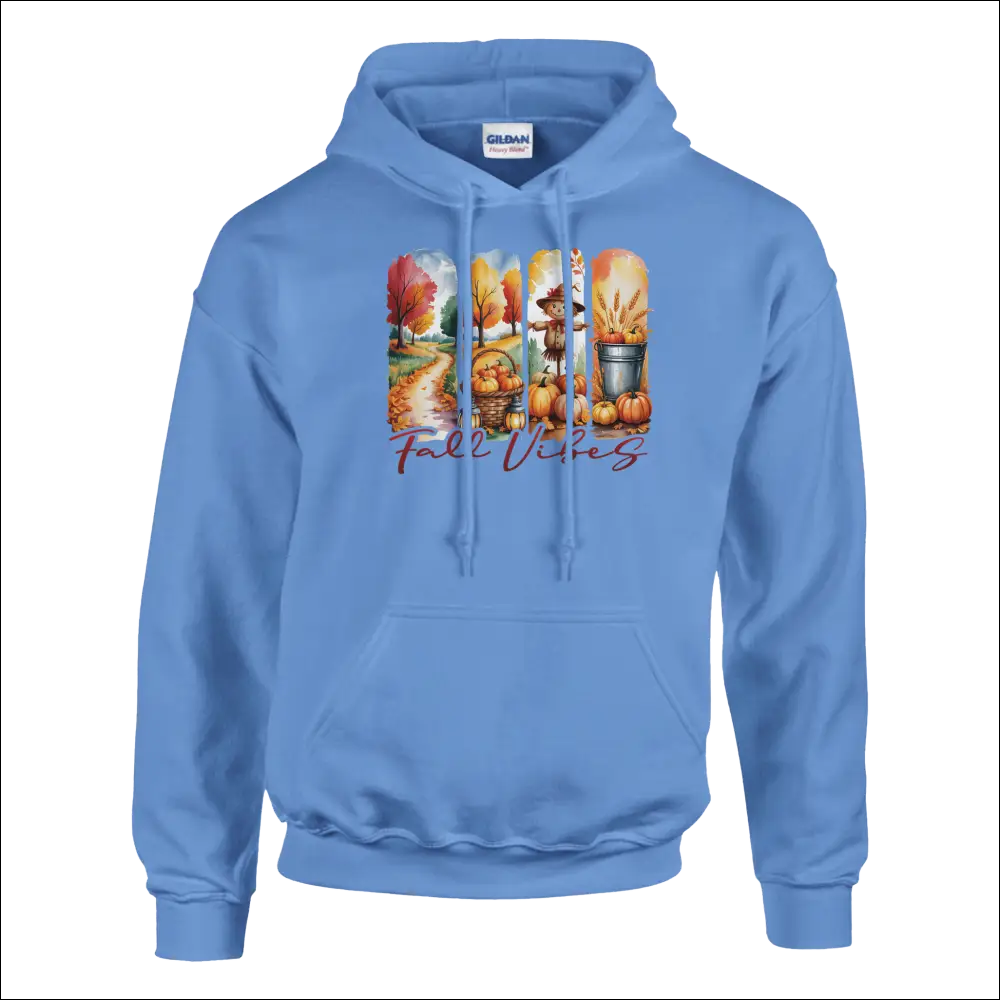 Light blue Gildan Fall Vibes unisex hoodie with autumn pumpkins and leaves