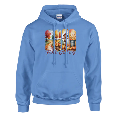 Light blue Gildan Fall Vibes unisex hoodie with autumn pumpkins and leaves