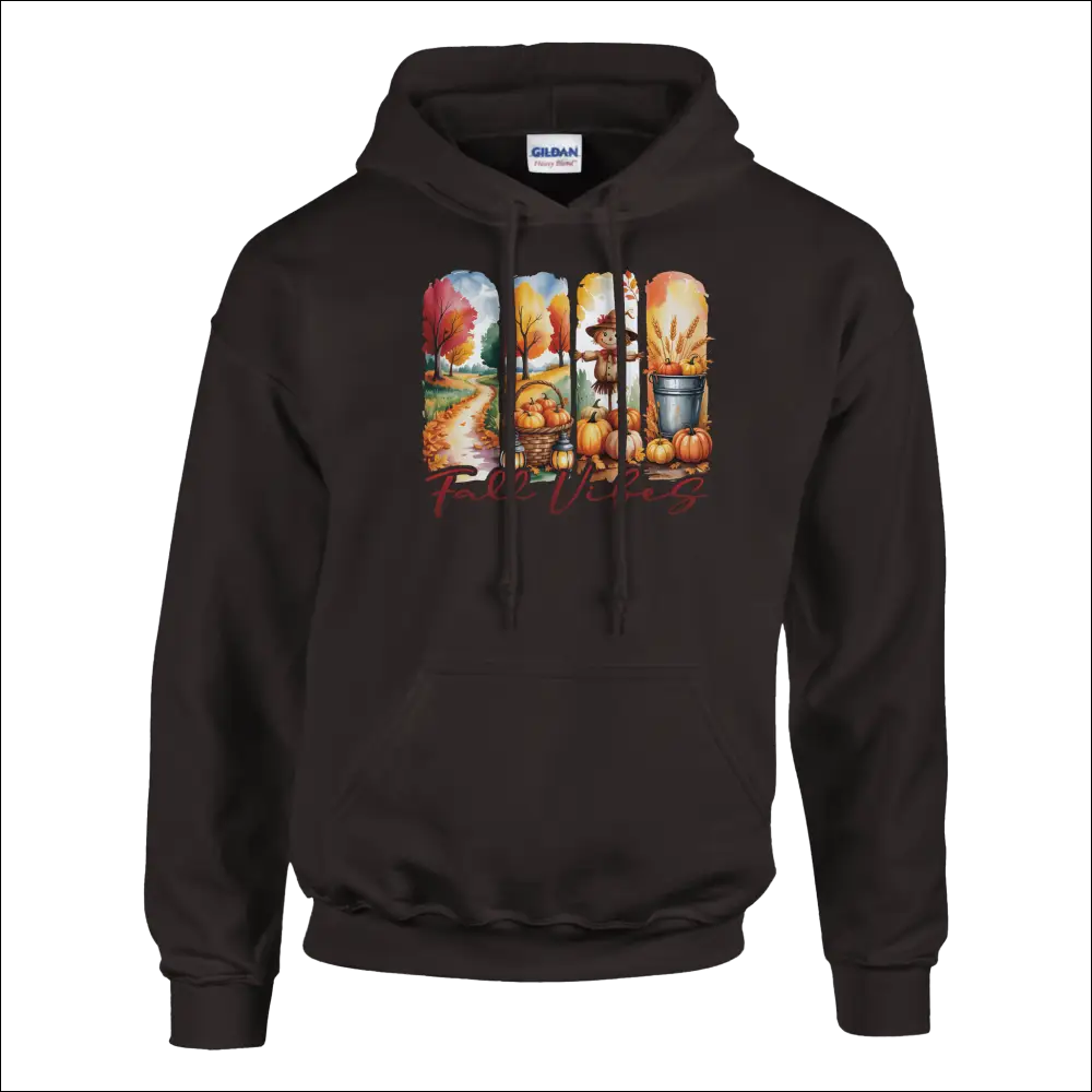 Black Gildan Fall Vibes hoodie with colorful autumn pumpkins and leaves