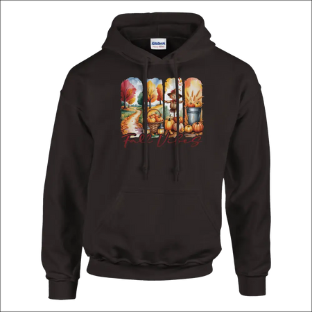 Black Gildan Fall Vibes hoodie with colorful autumn pumpkins and leaves