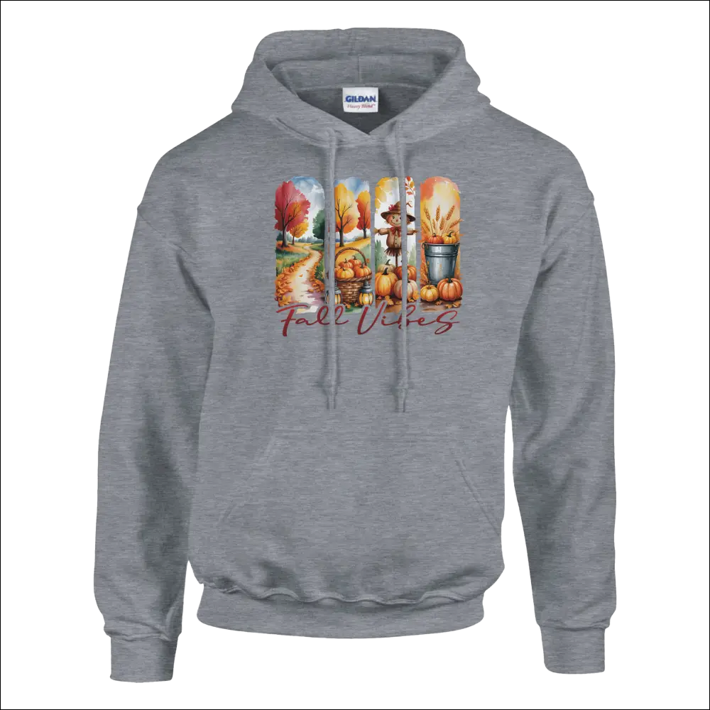 Gray Fall Vibes Unisex Hoodie with colorful autumn pumpkins and leaves