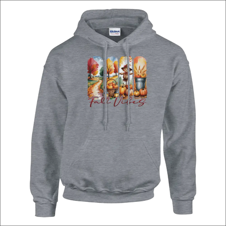 Gray Fall Vibes Unisex Hoodie with colorful autumn pumpkins and leaves